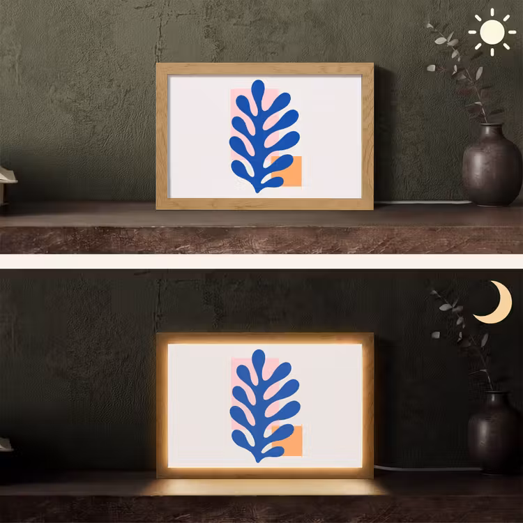 Abstract - Blad - Blauw - Rechthoeken Light Box met kabel (Tafellamp) klein -sfeer3