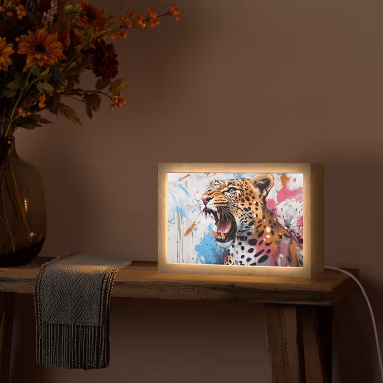 Abstract - Luipaard - Kleurrijk Light Box met kabel (Tafellamp) klein -sfeer4