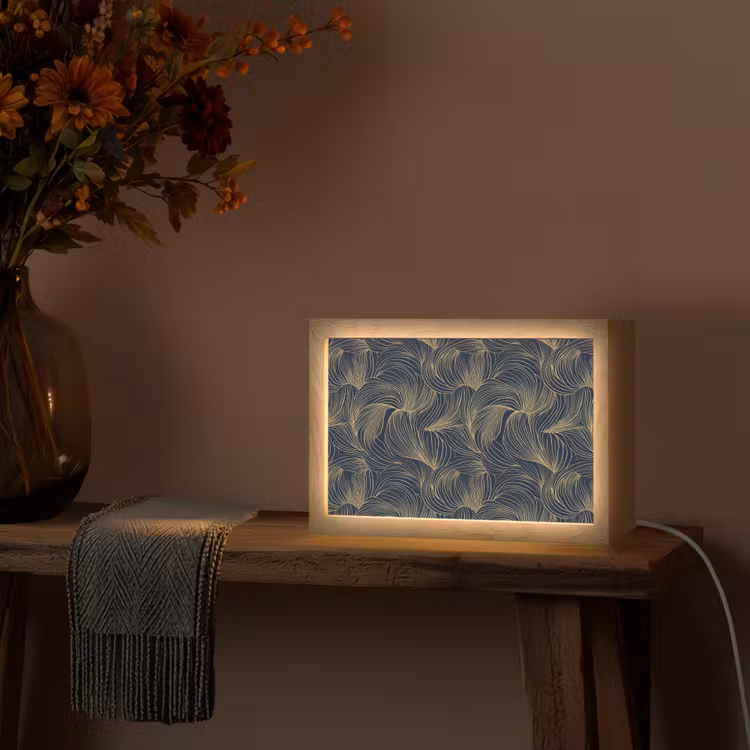 Abstract - Lijnen - Blauw - Goud Light Box met kabel (Tafellamp) klein 924 -sfeer4