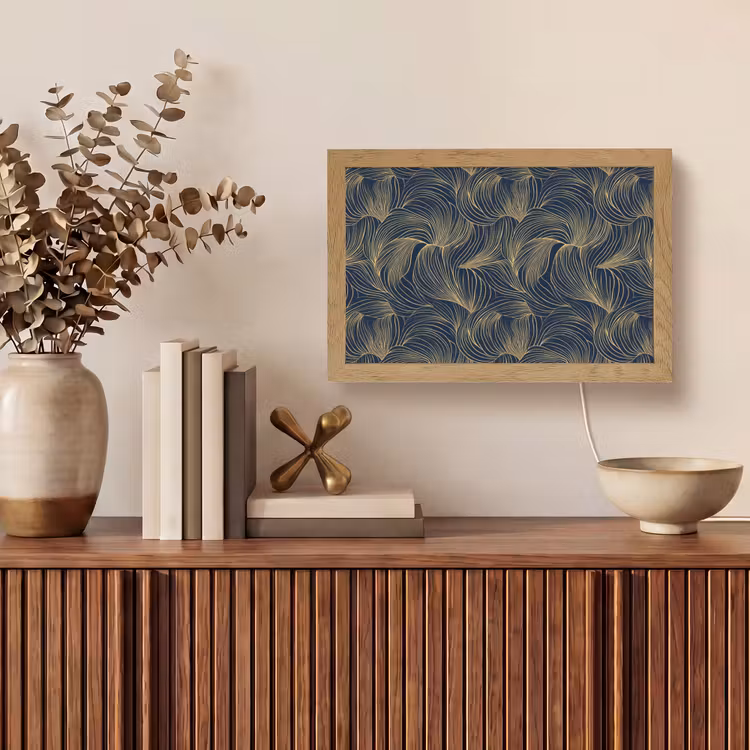 Abstract - Lijnen - Blauw - Goud Light Box met kabel (Tafellamp) klein 924 -sfeer2