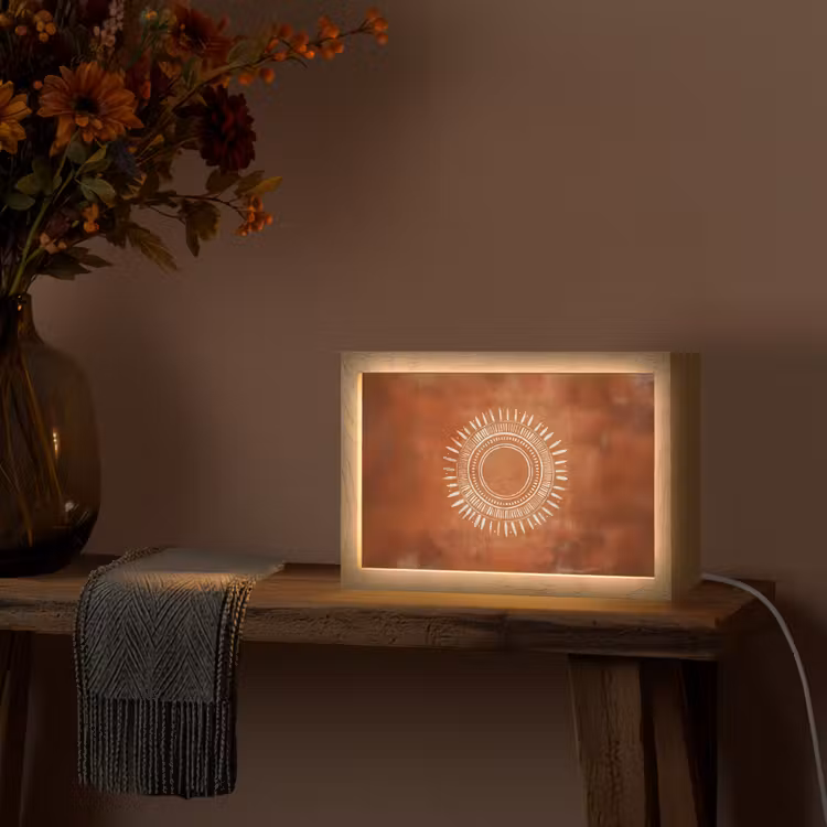 Abstract - Lijnen - Zonnestralen - Roodbruin Light Box met kabel (Tafellamp) klein -sfeer4