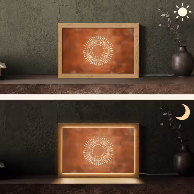 Abstract - Lijnen - Zonnestralen - Roodbruin Light Box met kabel (Tafellamp) klein -sfeer3