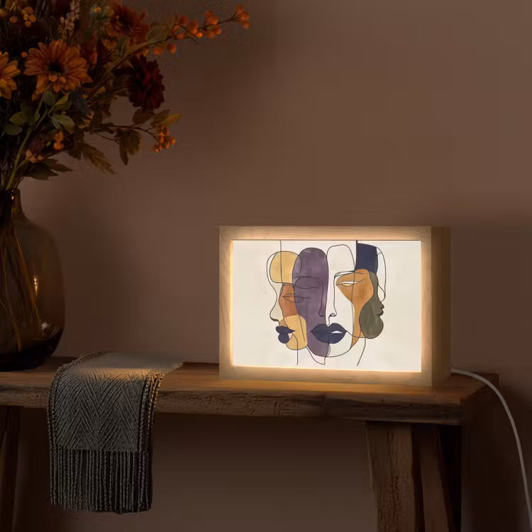 Abstract - Overlappende gezichten - Paars - Donkergroen Light Box met kabel (Tafellamp) klein -sfeer4