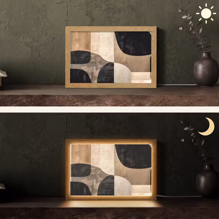 Abstract - Vlakken - Zwart - Rond Light Box met kabel (Tafellamp) klein -sfeer3
