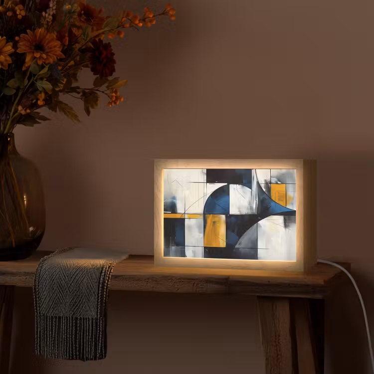 Abstract - Vormen - Goud - Blauw - Geometrisch Light Box met kabel (Tafellamp) klein -sfeer4