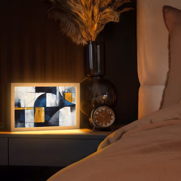 Abstract - Vormen - Goud - Blauw - Geometrisch Light Box met kabel (Tafellamp) klein -sfeer1