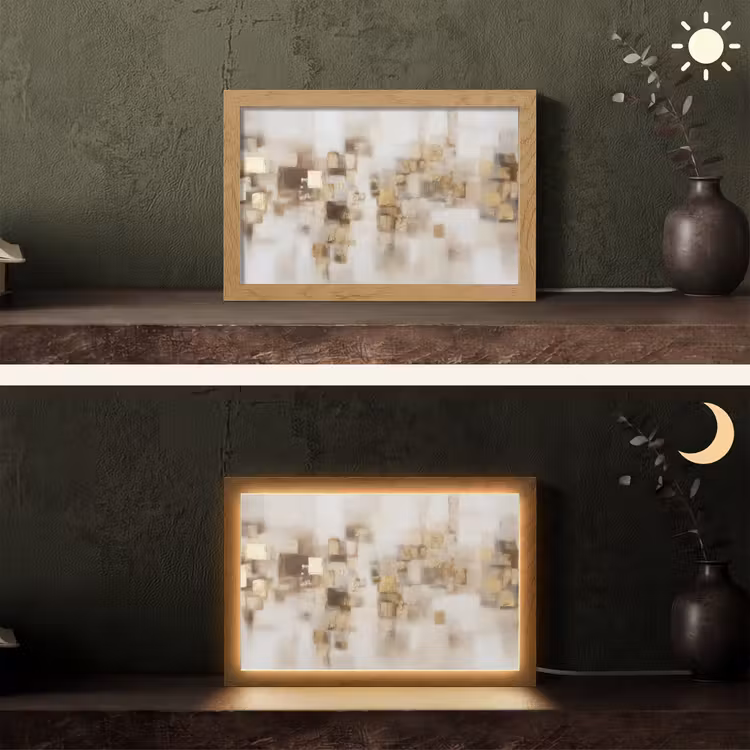 Abstracte vierkanten - Aardetonen - Mistig Light Box met kabel (Tafellamp) klein -sfeer3