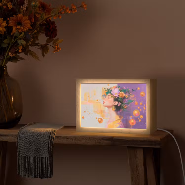 Abstract - Vrouw - Bloemenkroon - Goud Light Box met kabel (Tafellamp) klein -sfeer4