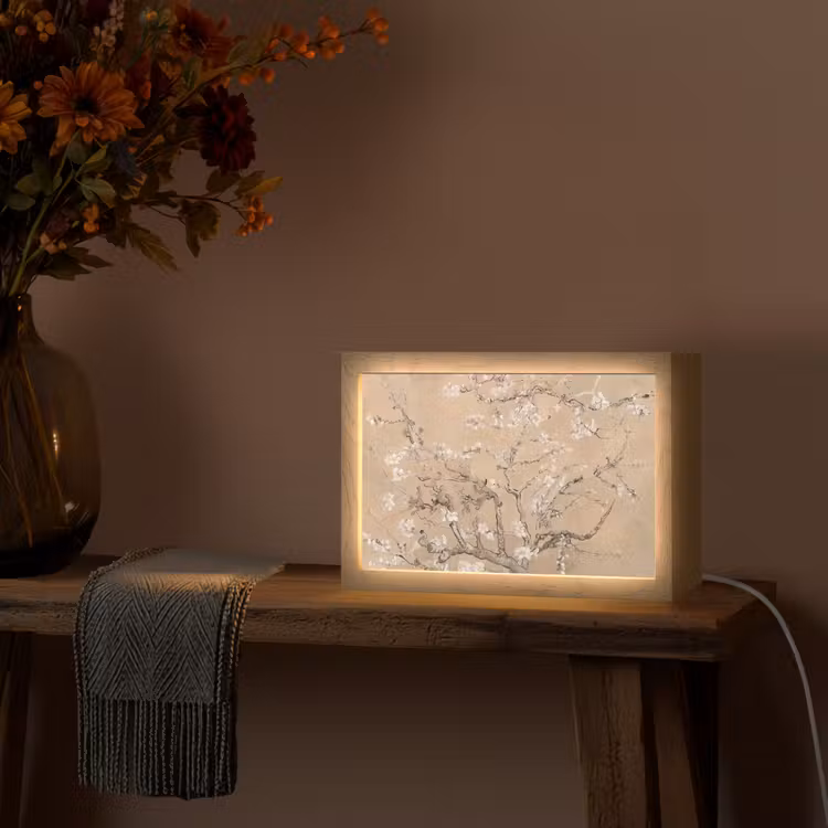 Amandelbloesem - Kunst - Van Gogh - Beige Light Box met kabel (Tafellamp) klein -sfeer4