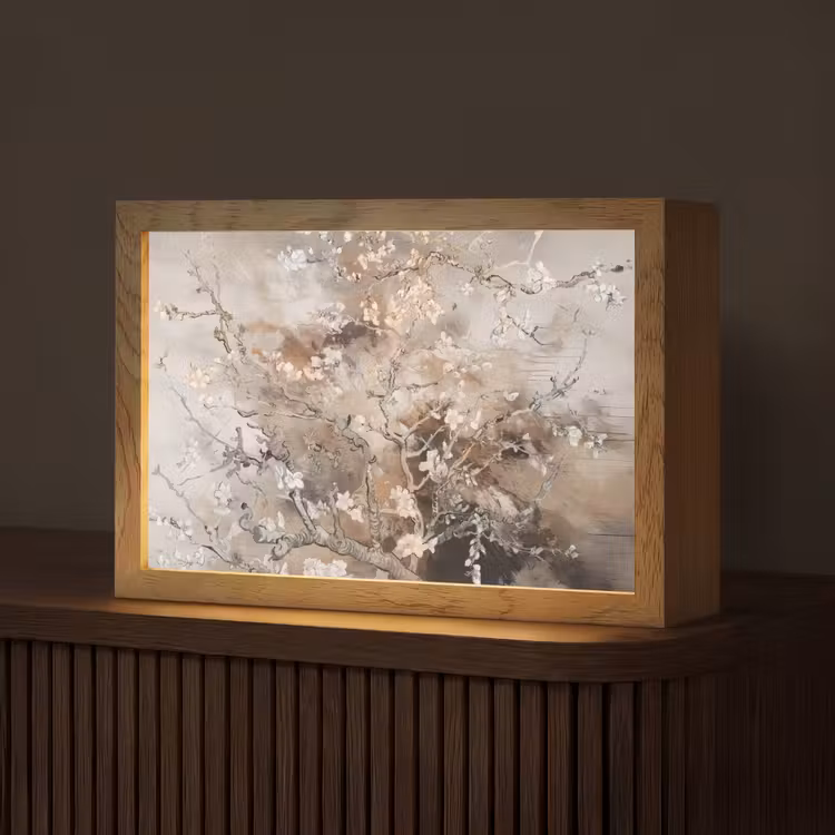 Amandelbloesem - Kunst - Van Gogh - Beige - Abstract Light Box met kabel (Tafellamp) klein -z3d_website