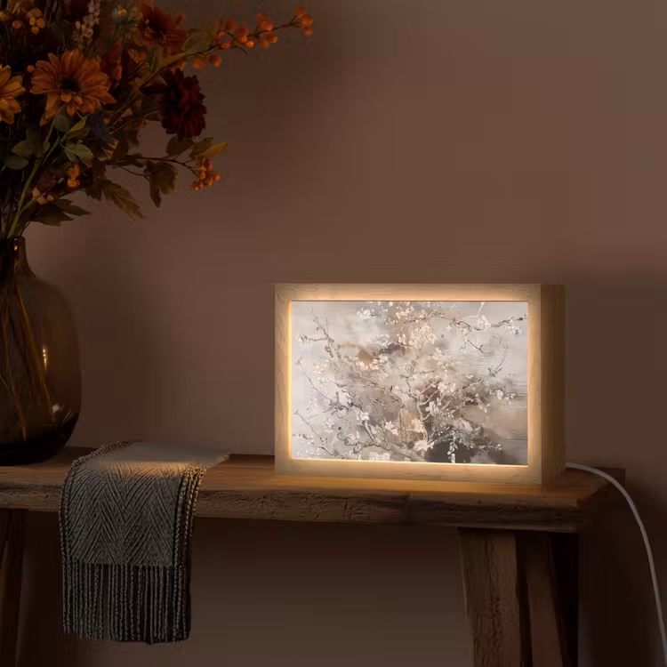 Amandelbloesem - Kunst - Van Gogh - Beige - Abstract Light Box met kabel (Tafellamp) klein -sfeer4