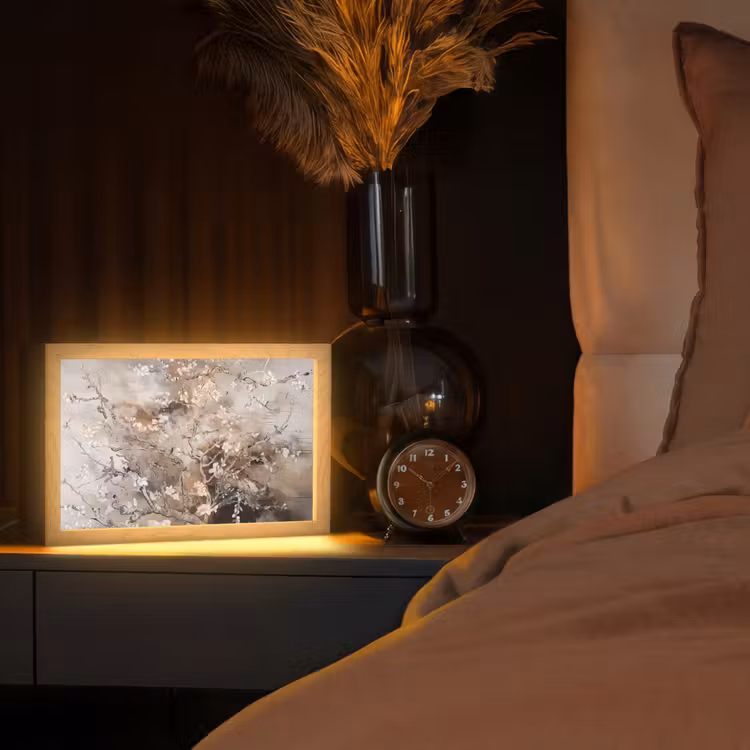 Amandelbloesem - Kunst - Van Gogh - Beige - Abstract Light Box met kabel (Tafellamp) klein -sfeer1