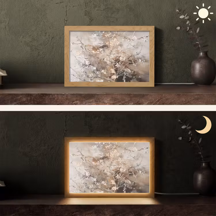 Amandelbloesem - Kunst - Van Gogh - Beige - Abstract Light Box met kabel (Tafellamp) klein -sfeer3