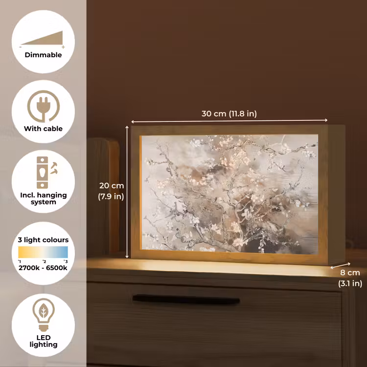 Amandelbloesem - Kunst - Van Gogh - Beige - Abstract Light Box met kabel (Tafellamp) klein -USP_EN