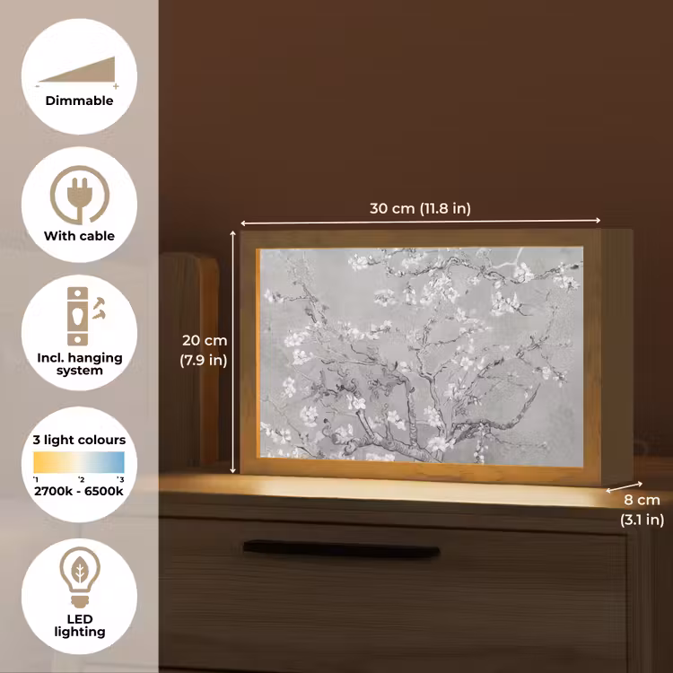 Amandelbloesem - Kunst - Van Gogh - Grijs Light Box met kabel (Tafellamp) klein -USP_EN