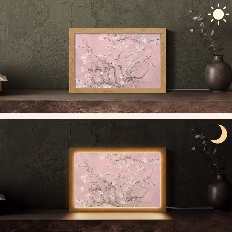 Amandelbloesem - Kunst - Van Gogh - Roze Light Box met kabel (Tafellamp) klein -sfeer3