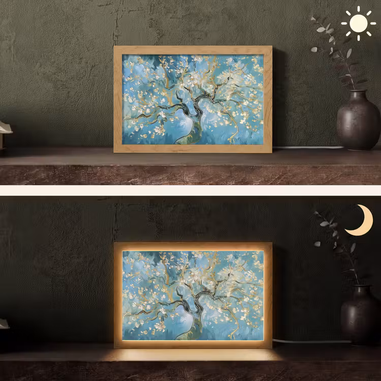 Amandelbloesem boom - Blauw - Abstract Light Box met kabel (Tafellamp) klein -sfeer3