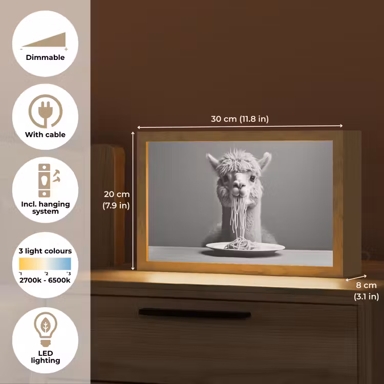 Alpaca - Pasta - Zwart - Wit - Grappig - Dieren Light Box met kabel (Tafellamp) klein -USP_EN