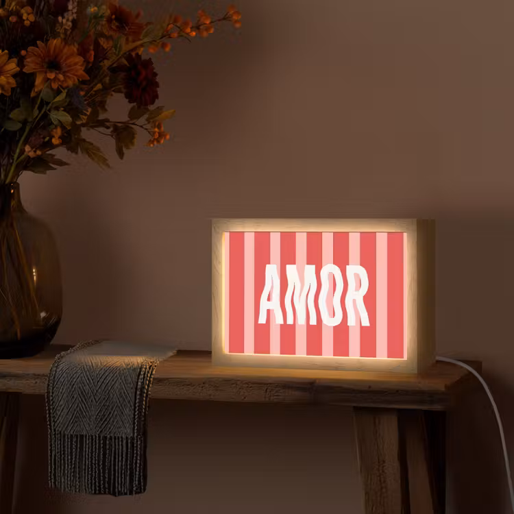 Amor - Strepen - Rood - Roze Light Box met kabel (Tafellamp) klein -sfeer4