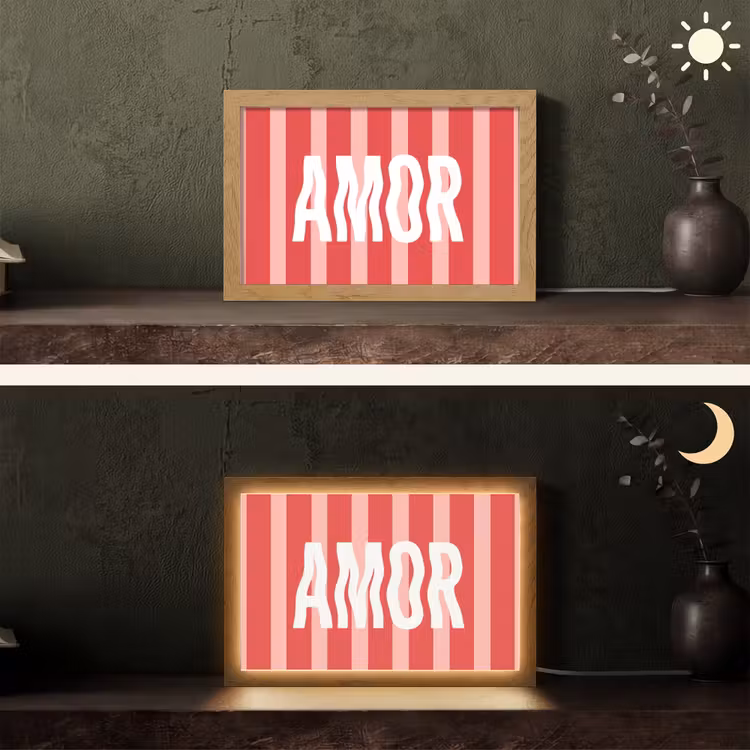 Amor - Strepen - Rood - Roze Light Box met kabel (Tafellamp) klein -sfeer3