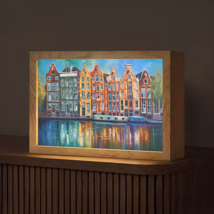 Amsterdam - Olieverf - Gracht - Schilderij - Kunst Light Box met kabel (Tafellamp) klein -z3d_website