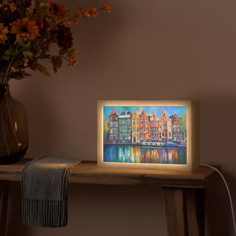 Amsterdam - Olieverf - Gracht - Schilderij - Kunst Light Box met kabel (Tafellamp) klein -sfeer4