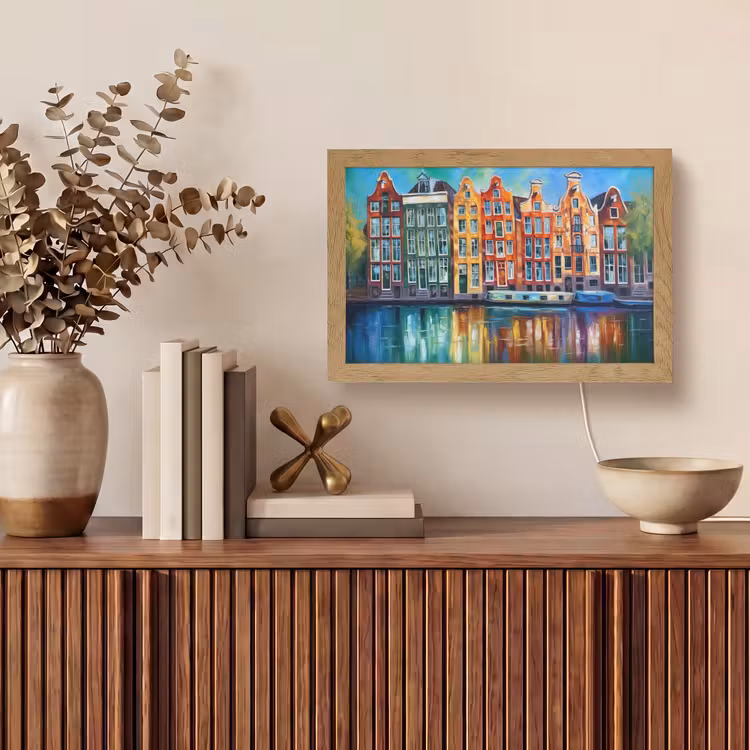 Amsterdam - Olieverf - Gracht - Schilderij - Kunst Light Box met kabel (Tafellamp) klein -sfeer2