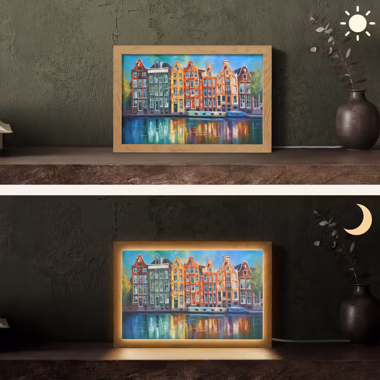 Amsterdam - Olieverf - Gracht - Schilderij - Kunst Light Box met kabel (Tafellamp) klein -sfeer3