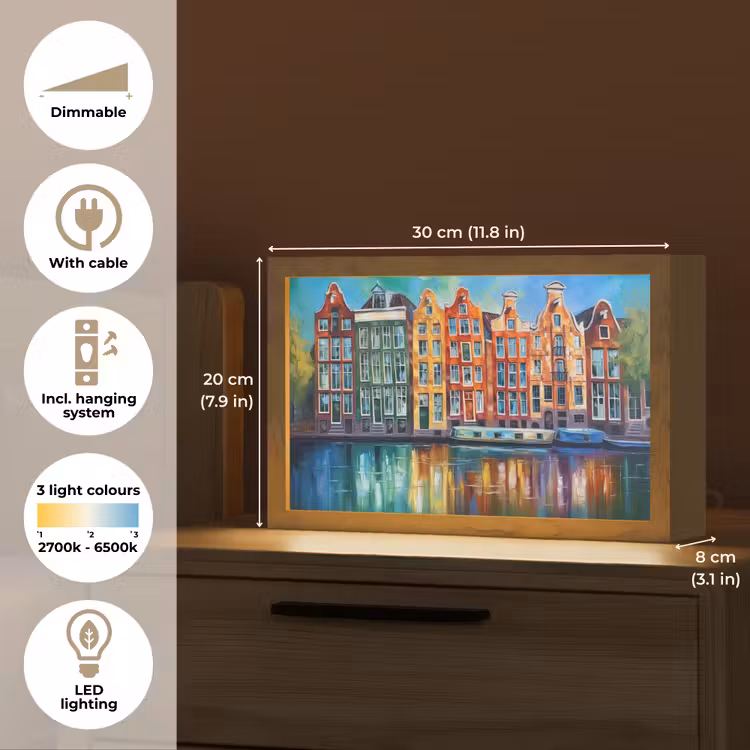 Amsterdam - Olieverf - Gracht - Schilderij - Kunst Light Box met kabel (Tafellamp) klein -USP_EN