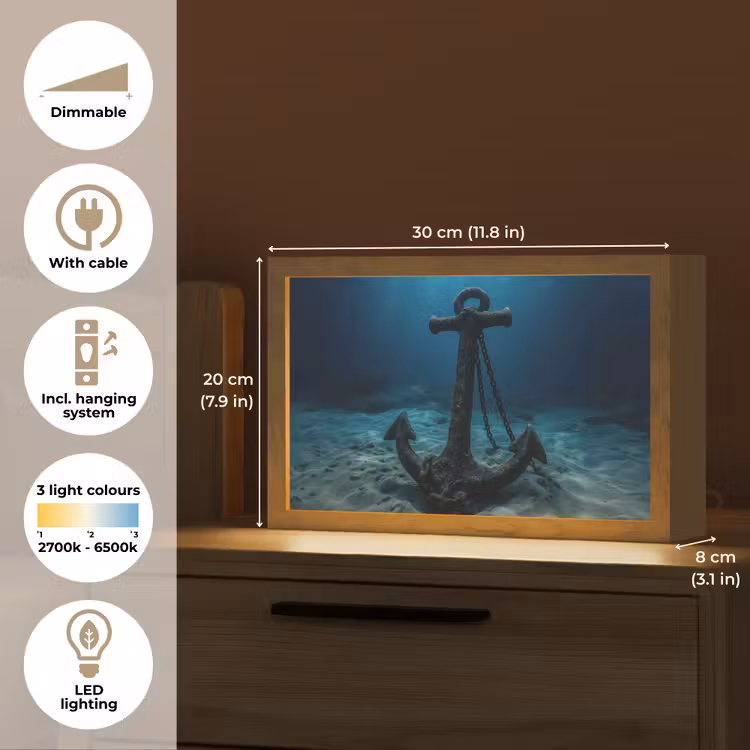 Anker - Ijzer - Zeebodem - Zand Light Box met kabel (Tafellamp) klein -USP_EN