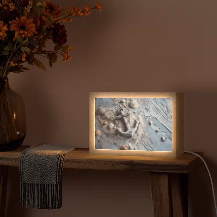 Anker - Hout - Schelpen - Zand Light Box met kabel (Tafellamp) klein -sfeer4