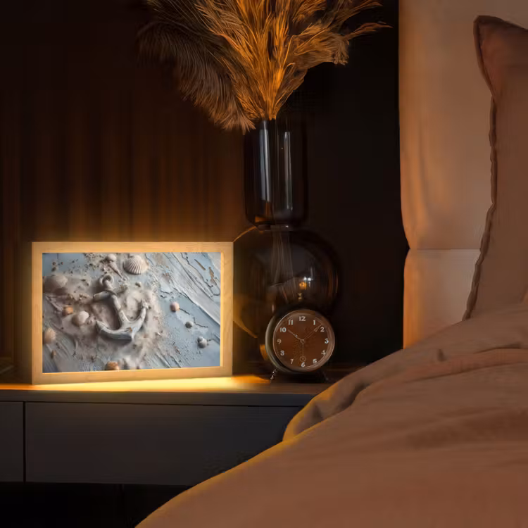 Anker - Hout - Schelpen - Zand Light Box met kabel (Tafellamp) klein -sfeer1