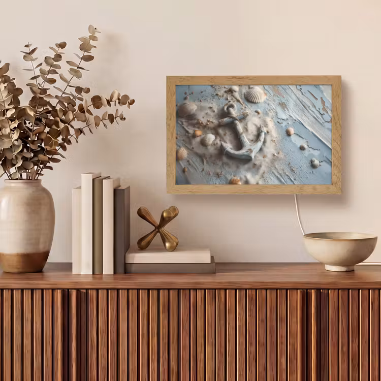 Anker - Hout - Schelpen - Zand Light Box met kabel (Tafellamp) klein -sfeer2