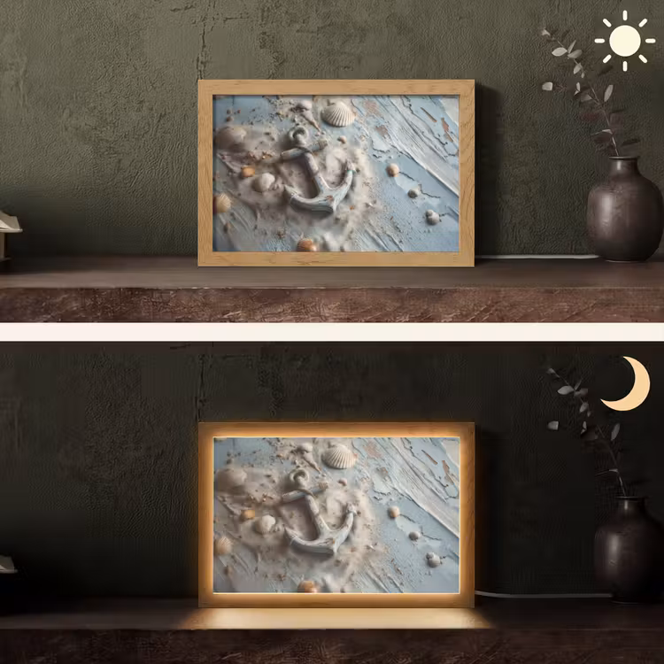 Anker - Hout - Schelpen - Zand Light Box met kabel (Tafellamp) klein -sfeer3