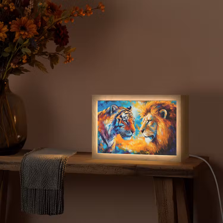 Dieren - Kunst - Leeuw - Tijger Light Box met kabel (Tafellamp) klein -sfeer4