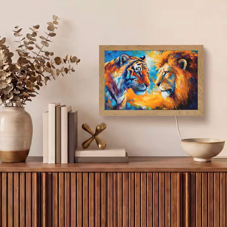 Dieren - Kunst - Leeuw - Tijger Light Box met kabel (Tafellamp) klein -sfeer2