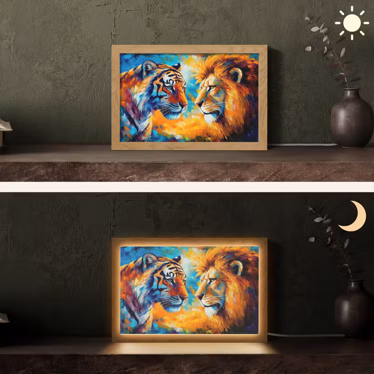 Dieren - Kunst - Leeuw - Tijger Light Box met kabel (Tafellamp) klein -sfeer3