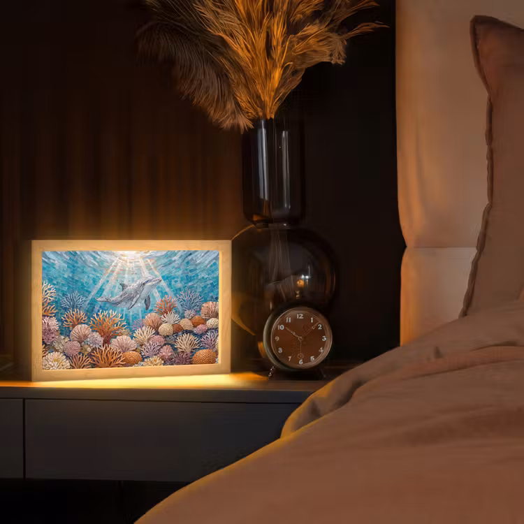 Dieren - Mozaïek - Oceaan - Koraal - Blauw Light Box met kabel (Tafellamp) klein -sfeer1