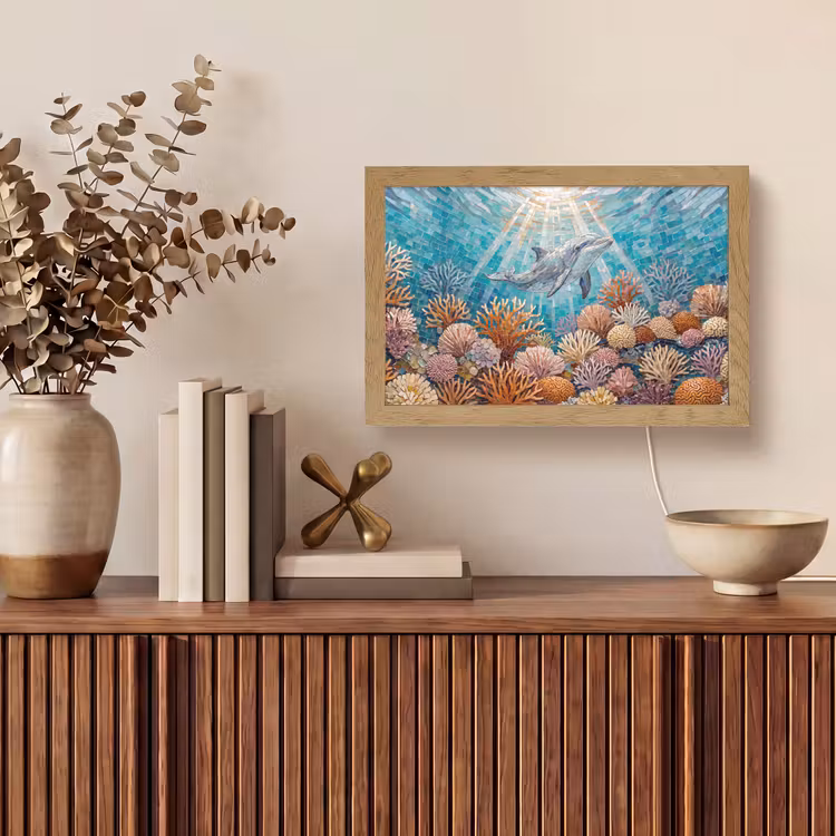Dieren - Mozaïek - Oceaan - Koraal - Blauw Light Box met kabel (Tafellamp) klein -sfeer2