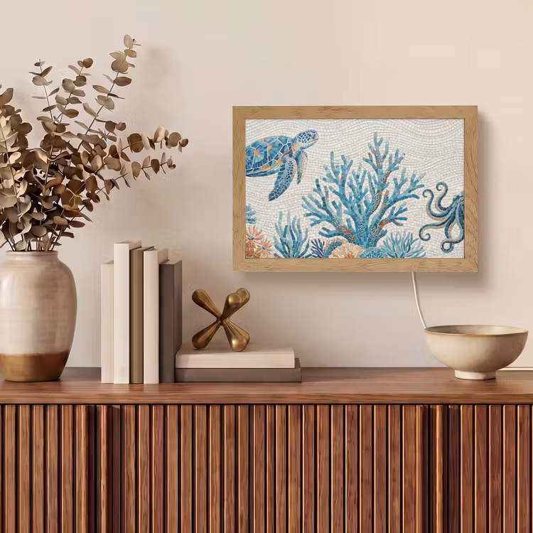 Dieren - Onderwater - Natuur - Mozaïek - Blauw Light Box met kabel (Tafellamp) klein -sfeer2