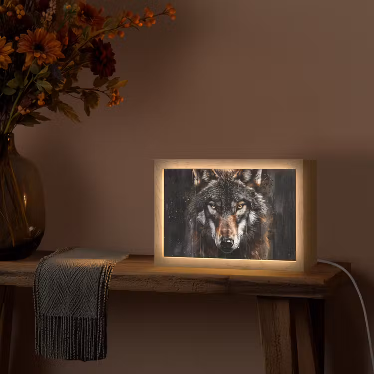 Dieren - Wolf - Portret - Zwart - Bruin Light Box met kabel (Tafellamp) klein -sfeer4