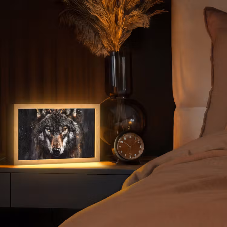 Dieren - Wolf - Portret - Zwart - Bruin Light Box met kabel (Tafellamp) klein -sfeer1