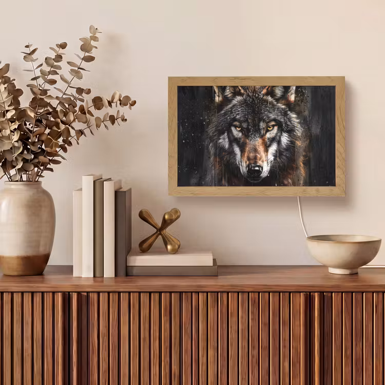 Dieren - Wolf - Portret - Zwart - Bruin Light Box met kabel (Tafellamp) klein -sfeer2