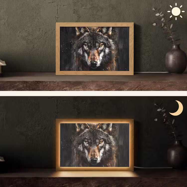 Dieren - Wolf - Portret - Zwart - Bruin Light Box met kabel (Tafellamp) klein -sfeer3