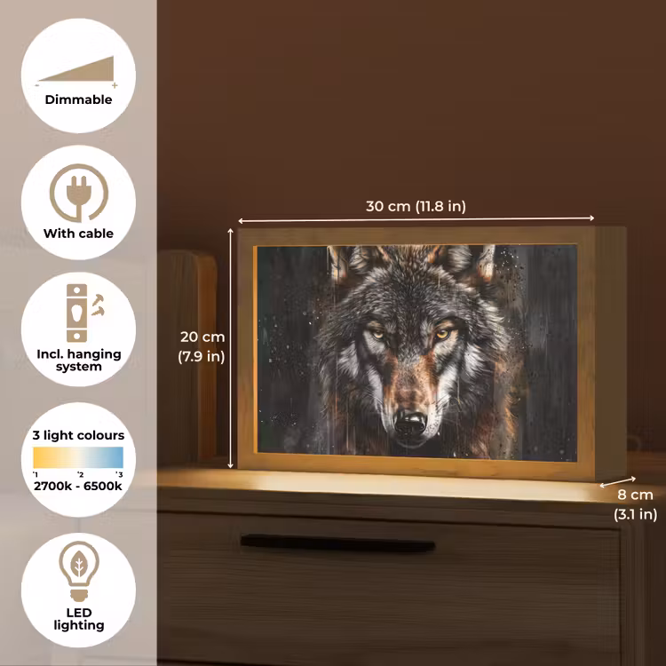 Dieren - Wolf - Portret - Zwart - Bruin Light Box met kabel (Tafellamp) klein -USP_EN