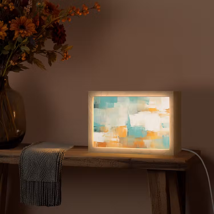 Kunst - Abstract - Blauw - Wit Light Box met kabel (Tafellamp) klein -sfeer4