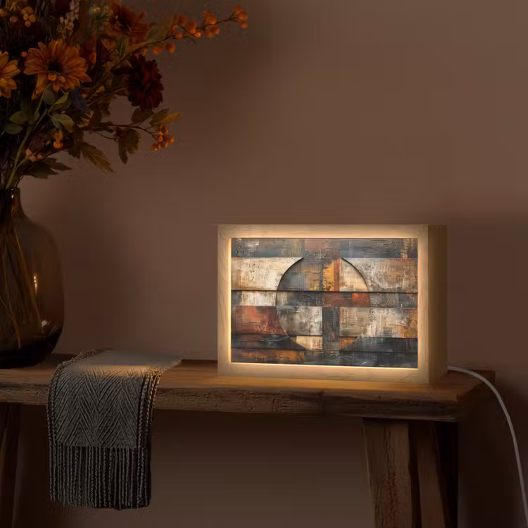 Kunst - Bruin - Abstract - Hout motief Light Box met kabel (Tafellamp) klein -sfeer4