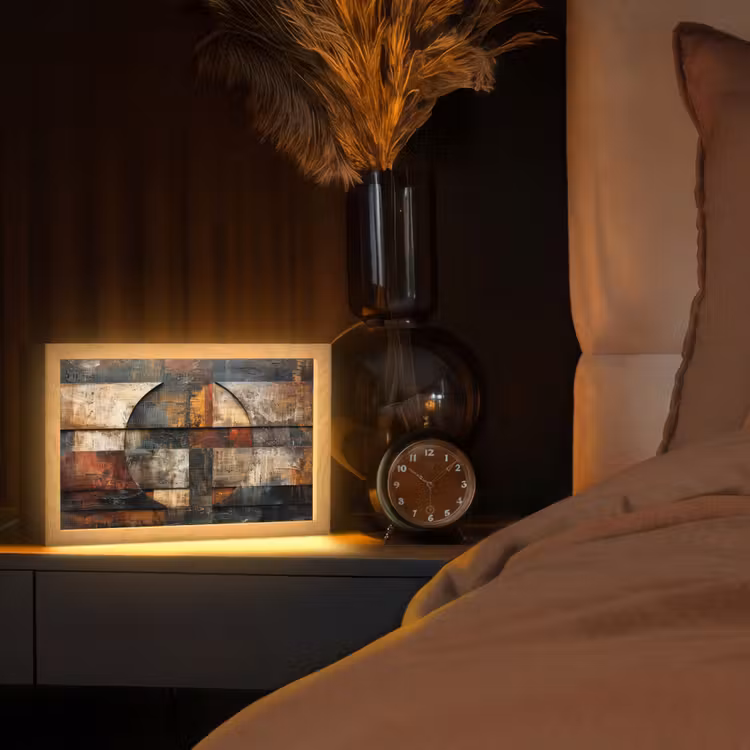 Kunst - Bruin - Abstract - Hout motief Light Box met kabel (Tafellamp) klein -sfeer1