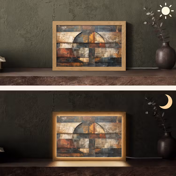 Kunst - Bruin - Abstract - Hout motief Light Box met kabel (Tafellamp) klein -sfeer3
