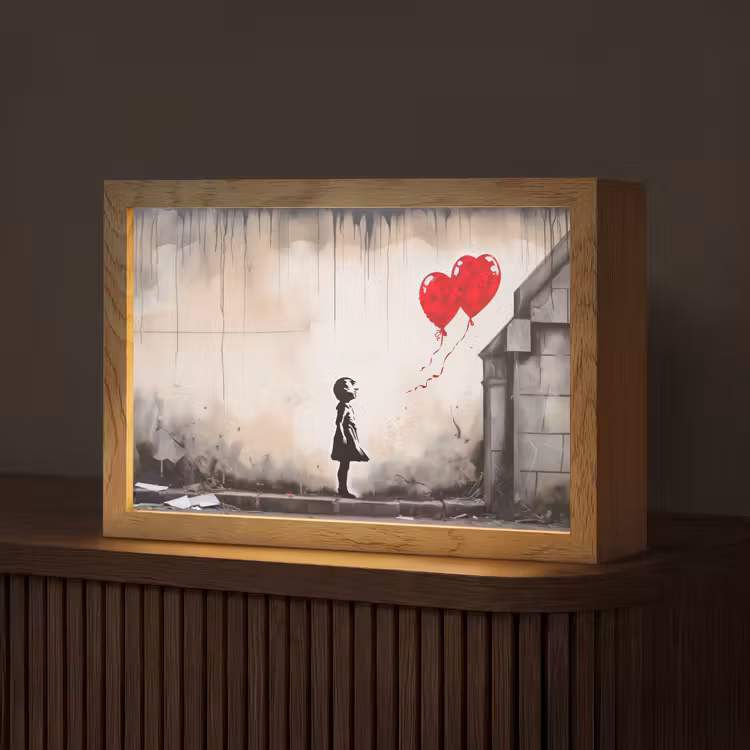 Kunst - Meisje - Ballonnen - Hart - Grijs Light Box met kabel (Tafellamp) klein -z3d_website